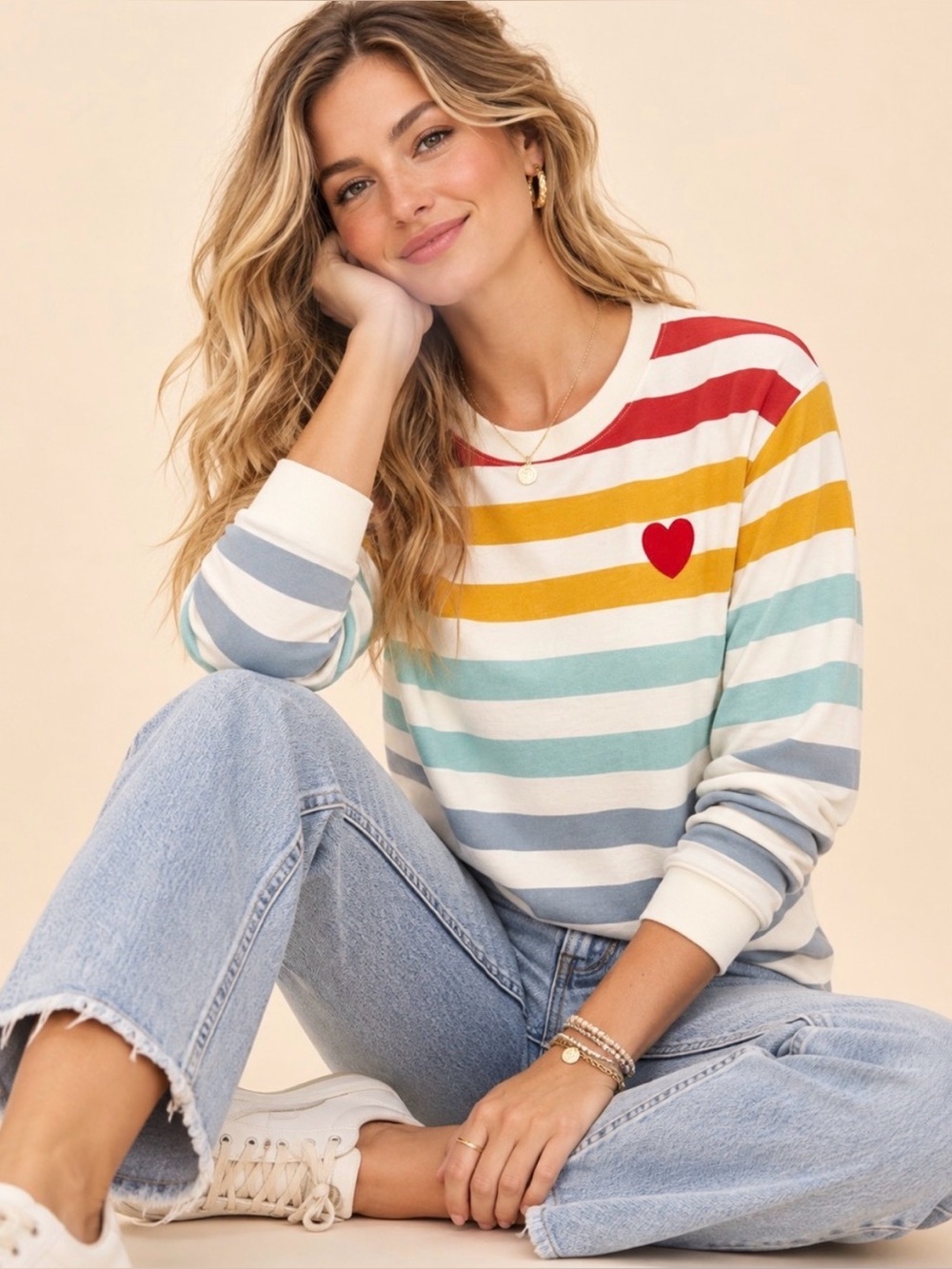 Doe Rainbow Stripe Red Heart Patch Crewneck Sweatshirt